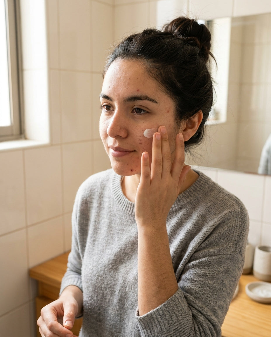 Persona aplicándose crema en la mejilla